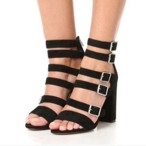 Sam Edelman Yasmina Black Suede Leather Strappy Buckled Block High Heels